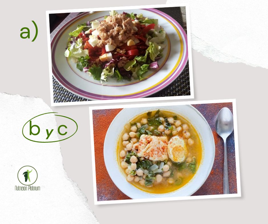 Ensalada de pimientos asados atún y huevo con Potage de bacalao